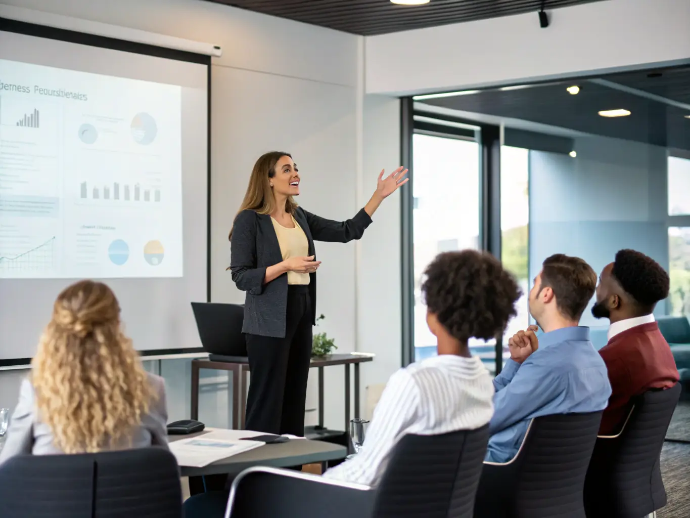 A woman entrepreneur presenting her startup idea to a group of investors, showcasing entrepreneurship and innovation.