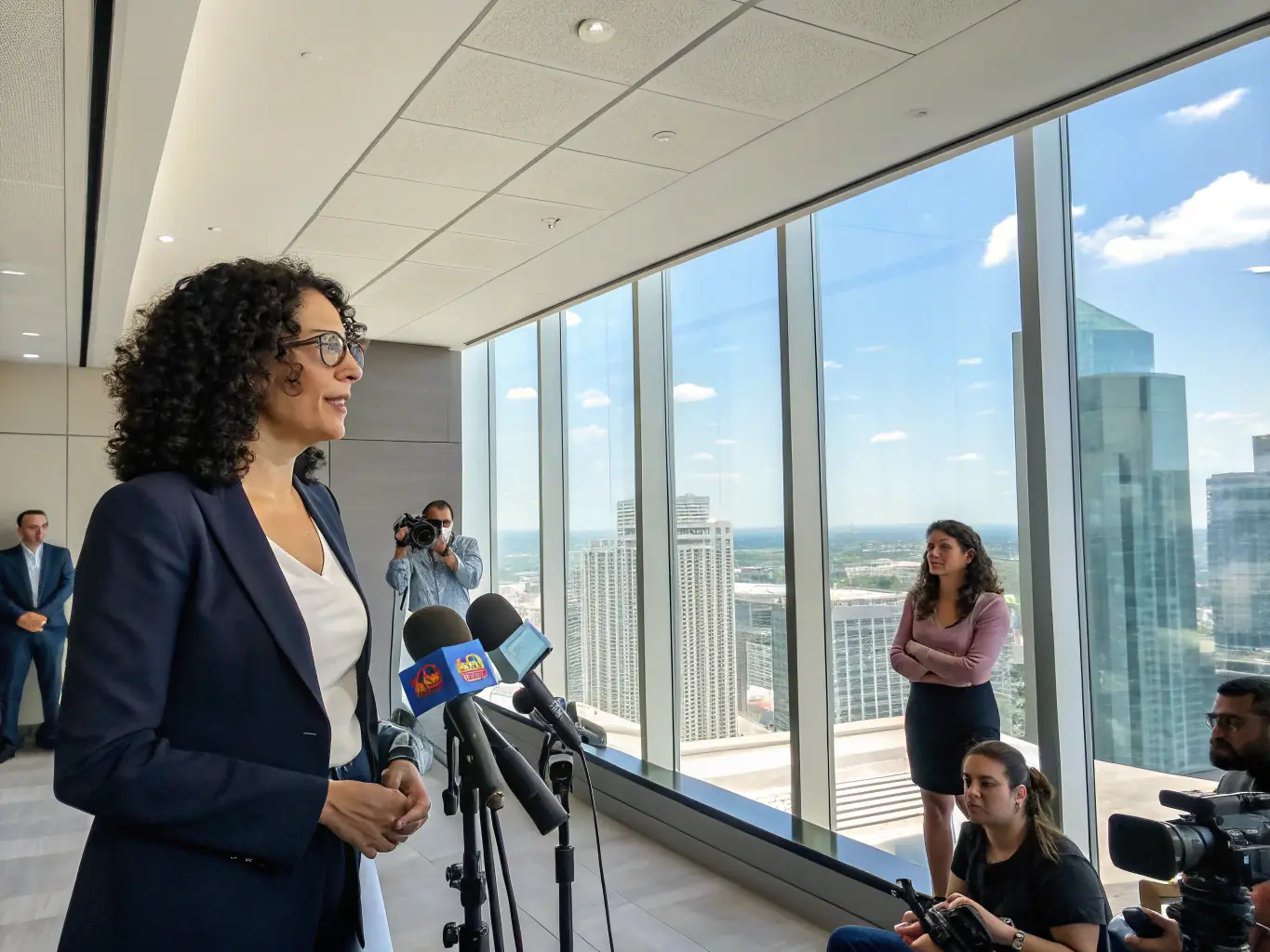 An inspiring image of a confident woman leading a team in a modern office setting, symbolizing leadership and empowerment.