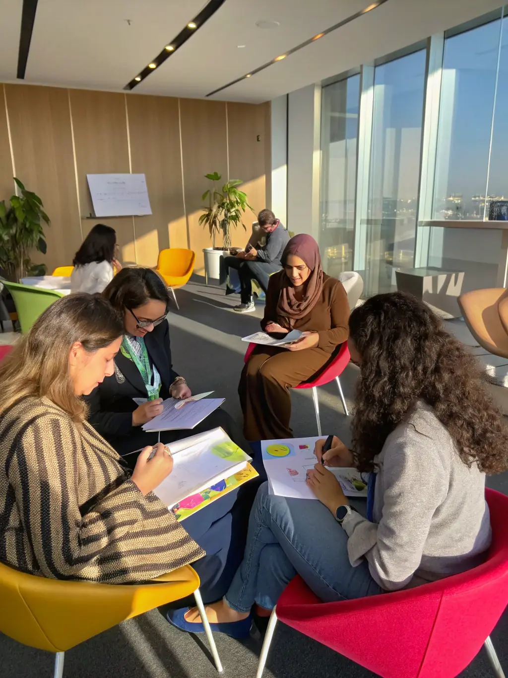 A diverse group of women participating in a leadership development workshop, engaging in interactive exercises and networking opportunities.