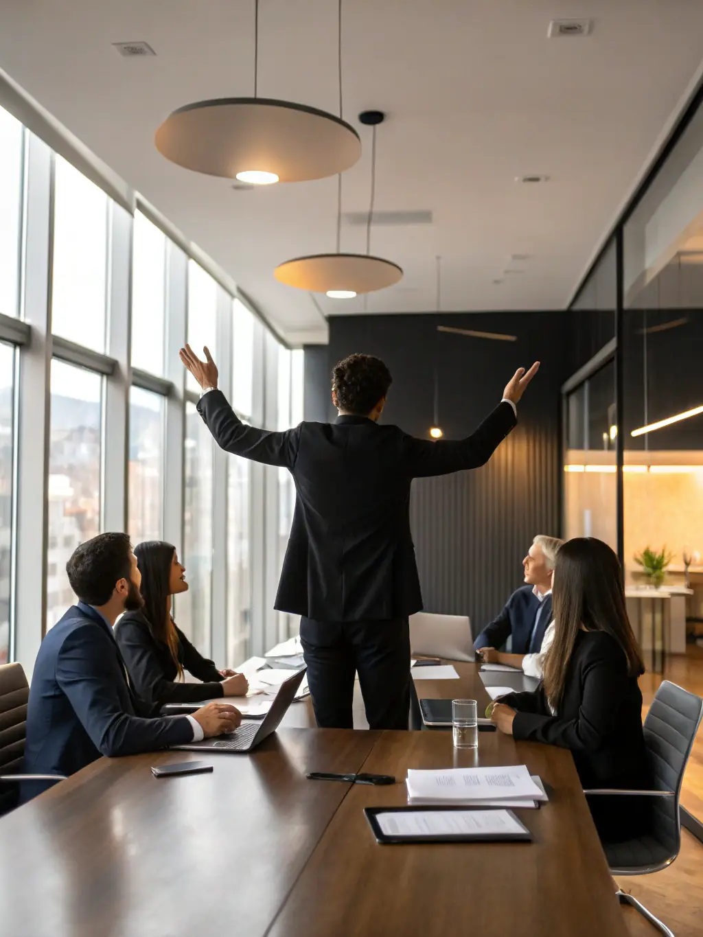 A determined Indian woman in a business suit confidently leading a team meeting in a modern office setting, symbolizing leadership development.