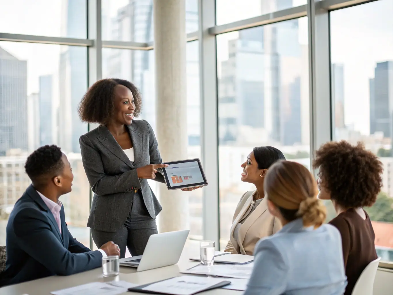 An Indian woman entrepreneur presenting a business plan with confidence, highlighting entrepreneurship and innovation.