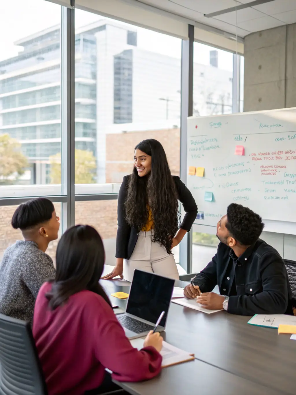 A confident Indian woman entrepreneur leading a team meeting in a modern office setting, showcasing her leadership skills and inspiring her colleagues.