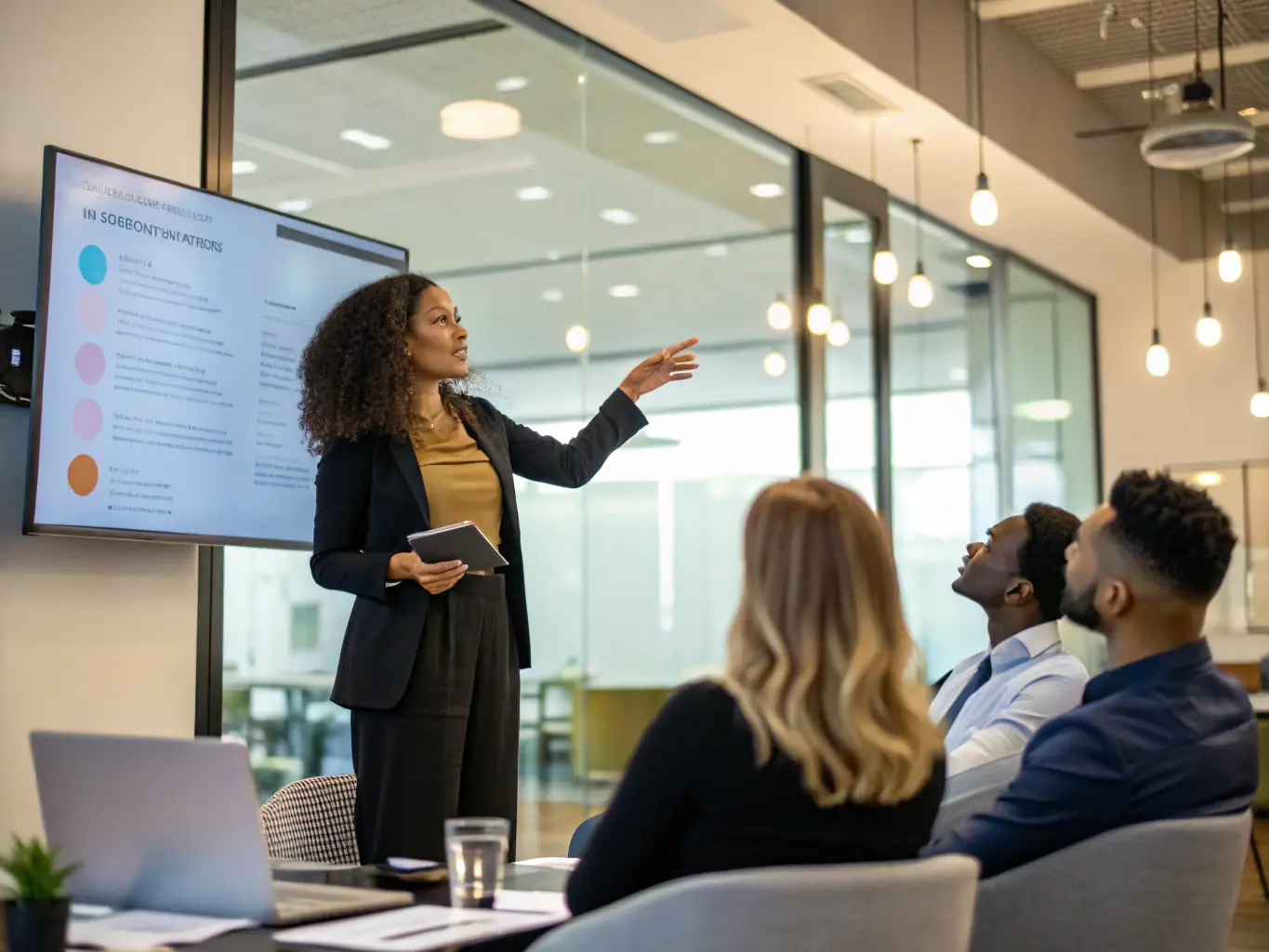 A confident Indian woman entrepreneur leading a team meeting in a modern office, showcasing leadership and collaboration.